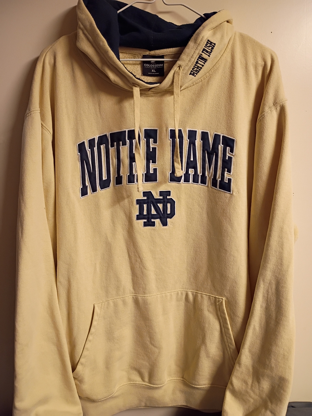 Colosseum Notre Dame Pale Yellow Crewneck Hoodie with Navy Logo